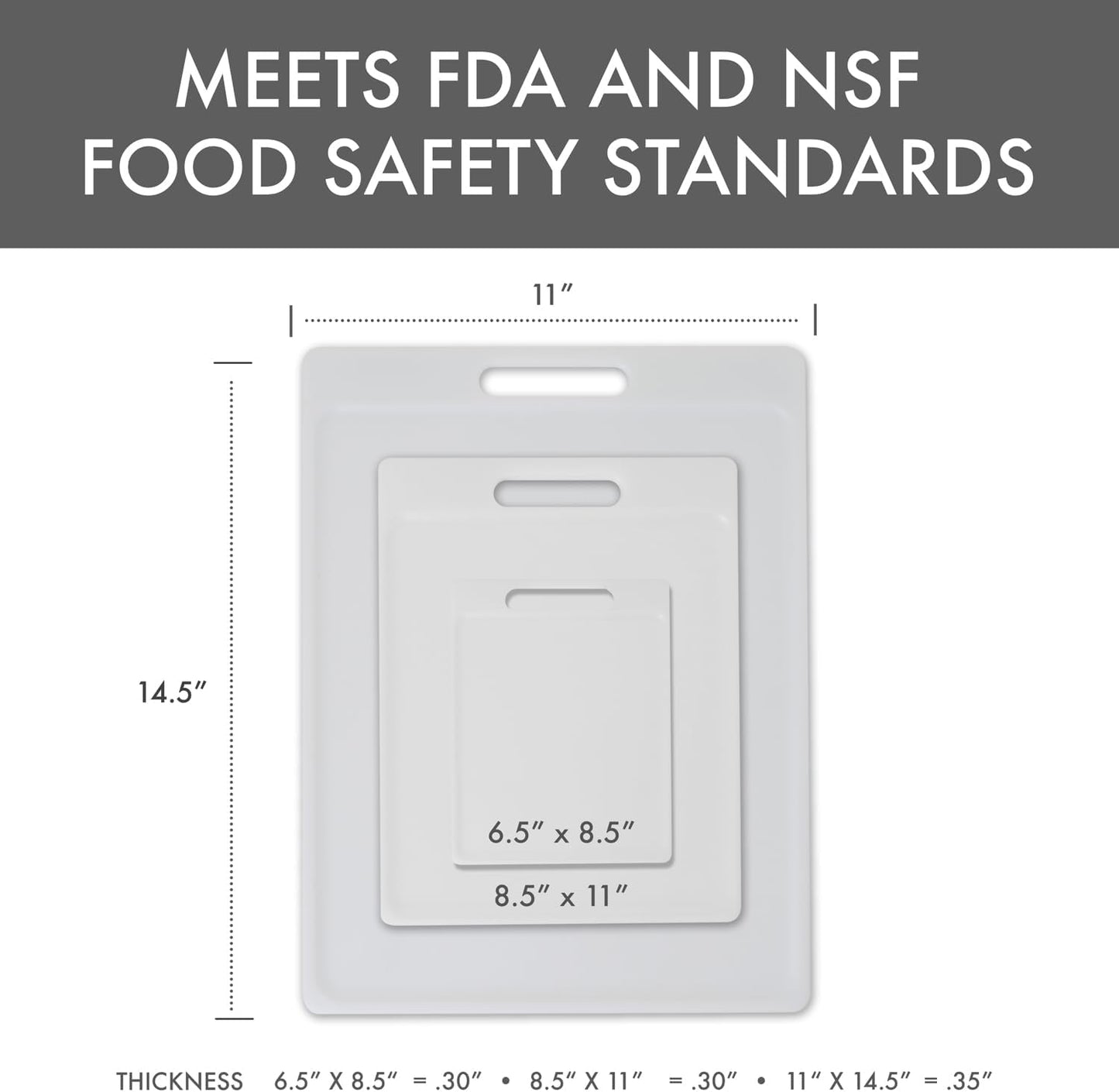 Dexas 3-Pack NSF Certified Polysafe Cutting Boards with Handle, 6.25 x 8.5, 8.5 x 11, 11 x 14.5 Inches, Reversible Kitchen Cutting Board, White