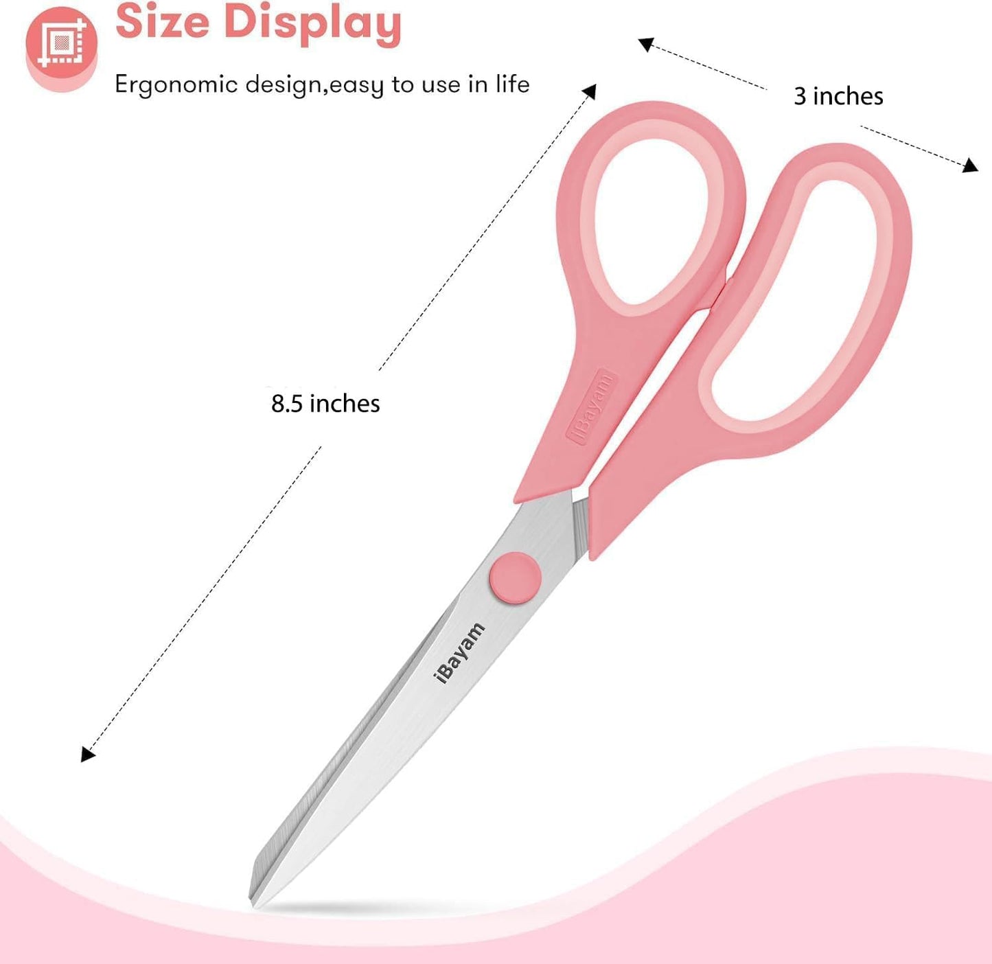 iBayam 8.5 Inch Scissors All Purpose Heavy Duty 3 Pack, 2.5mm Thick Ultra Sharp Blade Comfort-Grip for Office Classroom School Cardboard Craft Desk, Left/Right Handed, Cute Pastel Pink Blue Green