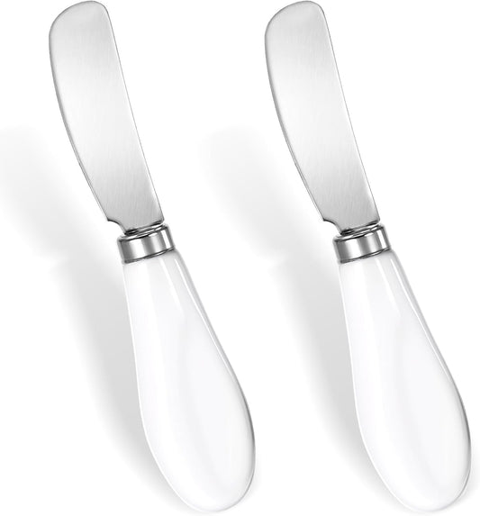 2 Pack Stainless Steel Butter Spreader Knife, Cheese Spreader Knives Porcelain Handle Butter Spreader Small Butter Knife Cheese Spreaders for Appetizers Dips Charcuterie Cheese Pastry Utensils Making