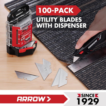 ARROW 100-Pack SK2M Utility Knife Blades, Premium Tempered Steel Box Cutter Blades with Convenient Dispenser, Sharp & Durable Replacement Blades for Cutting, Crafting, DIY Projects