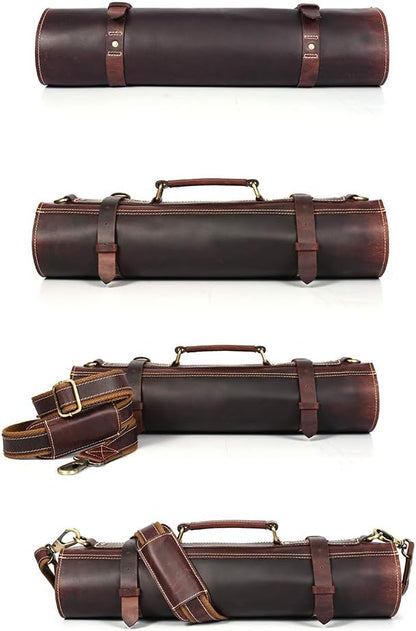 Tolredo Top Grain Buffalo Leather Chef Knife Roll Case 10 Slot and 1 Zipper Pocket for Culinary Storage Portable Bag with Detachable Shoulder Strap (Walnut, 29.5" X 20")