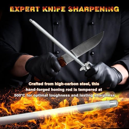 Knife Sharpener Rod, Kitchen Knives Sharpener Carbon Steel Professional Knife Sharpening Steel, Honing Rod with Hanging Holes (13 inches), I