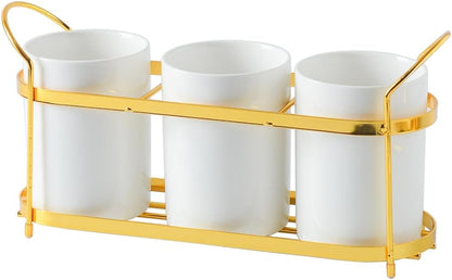 3-Piece White Ceramic Silverware Cutlery Holder with Black Metal Rack, Utensil Holder Flatware Caddy Cutlery Storage Organizer for Kitchen and Countertop (White)