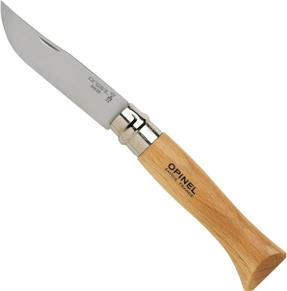 Opinel No. 08 INOX - Sandvik Stainless Steel Folding Pocket Knife, Beechwood Handle, 3.28 in Blade, Virobloc Safety Locking Collar, Made in France