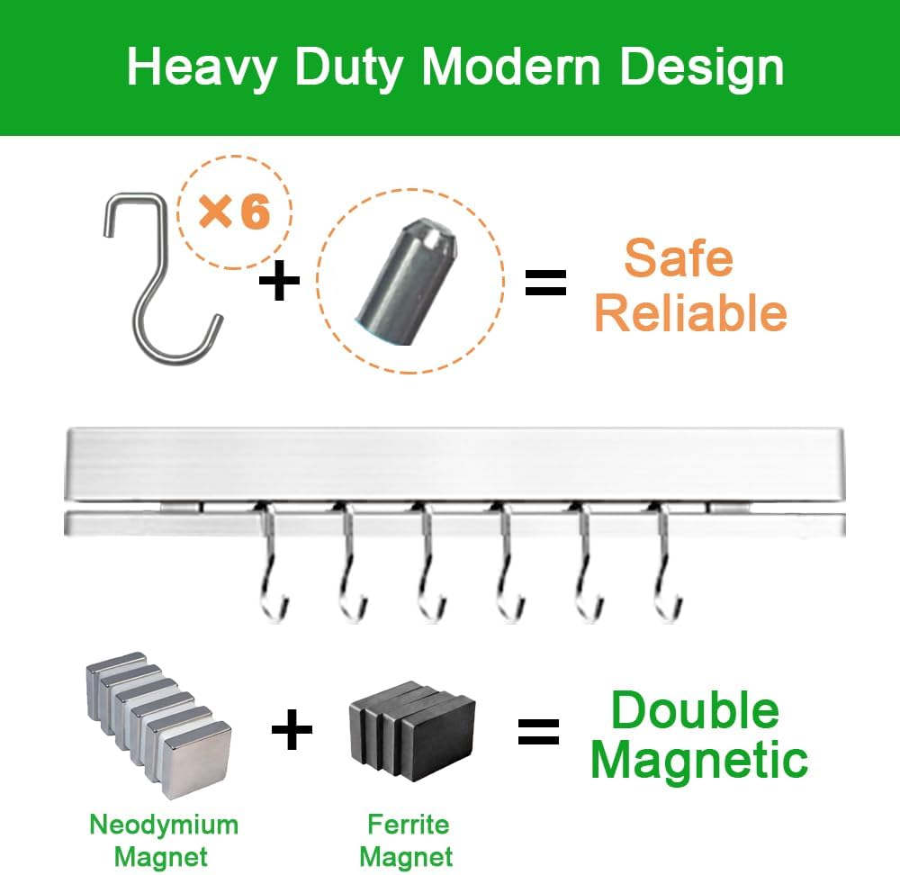 YIIYIIN Strong Magnetic Knife Holder for Wall, 17 Inch No-Drill Knife Strip with 12 Hooks & Adhesive, Holds Kitchen Utensils & Tools