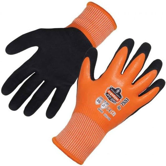 Ergodyne ProFlex 7551 Waterproof Winter Work Gloves, Cut Resistant ANSI A5, Sandy Nitrile Coated Palms, Thermal Fleece Lining Orange