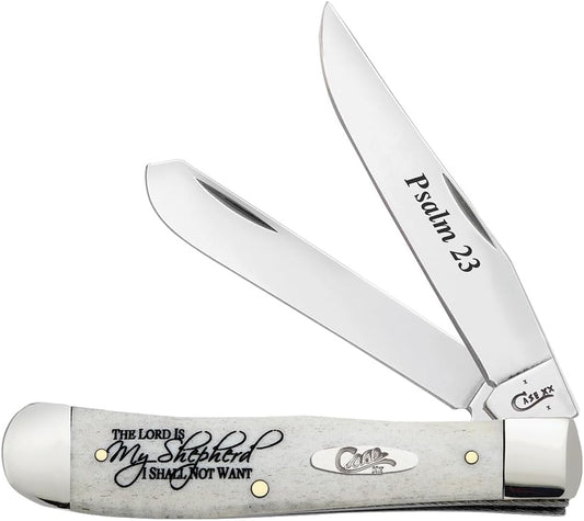 Case WR XX Pocket Knife Natural Smooth Bone Trapper W/Psalm 23 and Artwork Item #8795 - (6254 SS) - Length Closed: 4 1/8 Inches