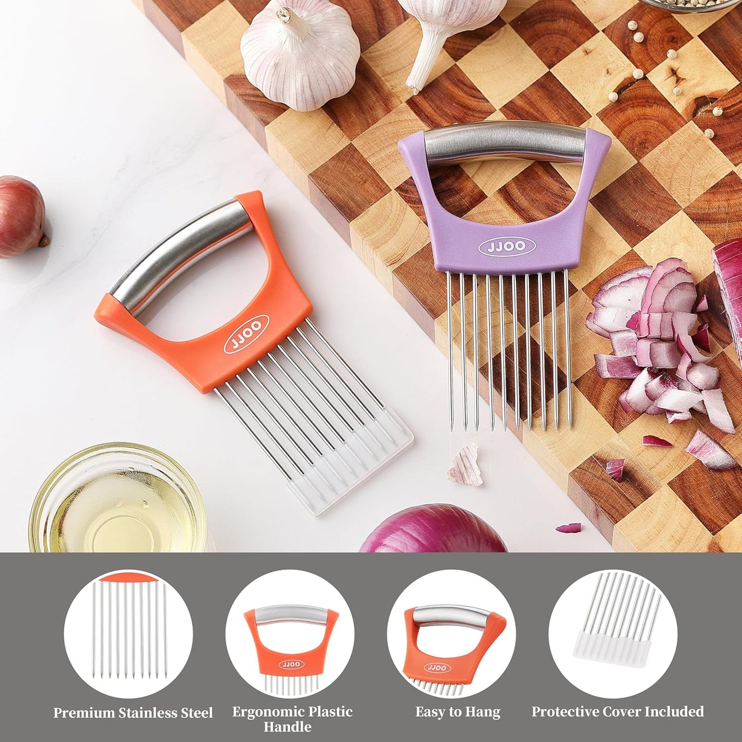 2PCS Onion Slicer Holder, Stainless Steel Onion Cutter for Slicing and Storage Onions, Tomato, Eggs and Vegetables, Protective Cover Included, Dishwasher Safe (Stylish orange+ Purple Color)