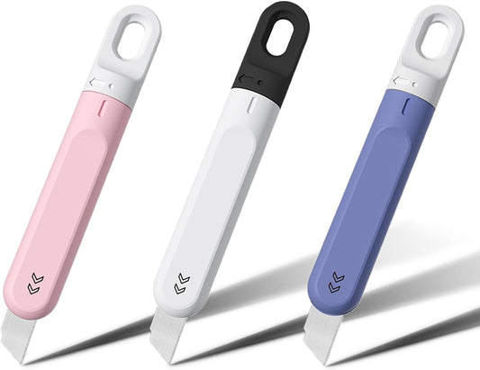3 PCS Small Box Cutter, Small Utility Knife, Mini Pink Box Cutter for Women Rotate to Retract Box Opener, Retractable Box Cutter, Package Opener, Box Cutters for Home Office Travel and DIY