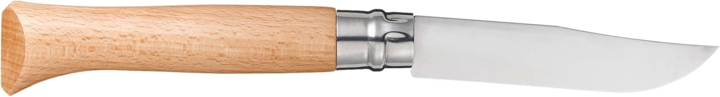 Opinel No. 08 INOX - Sandvik Stainless Steel Folding Pocket Knife, Beechwood Handle, 3.28 in Blade, Virobloc Safety Locking Collar, Made in France