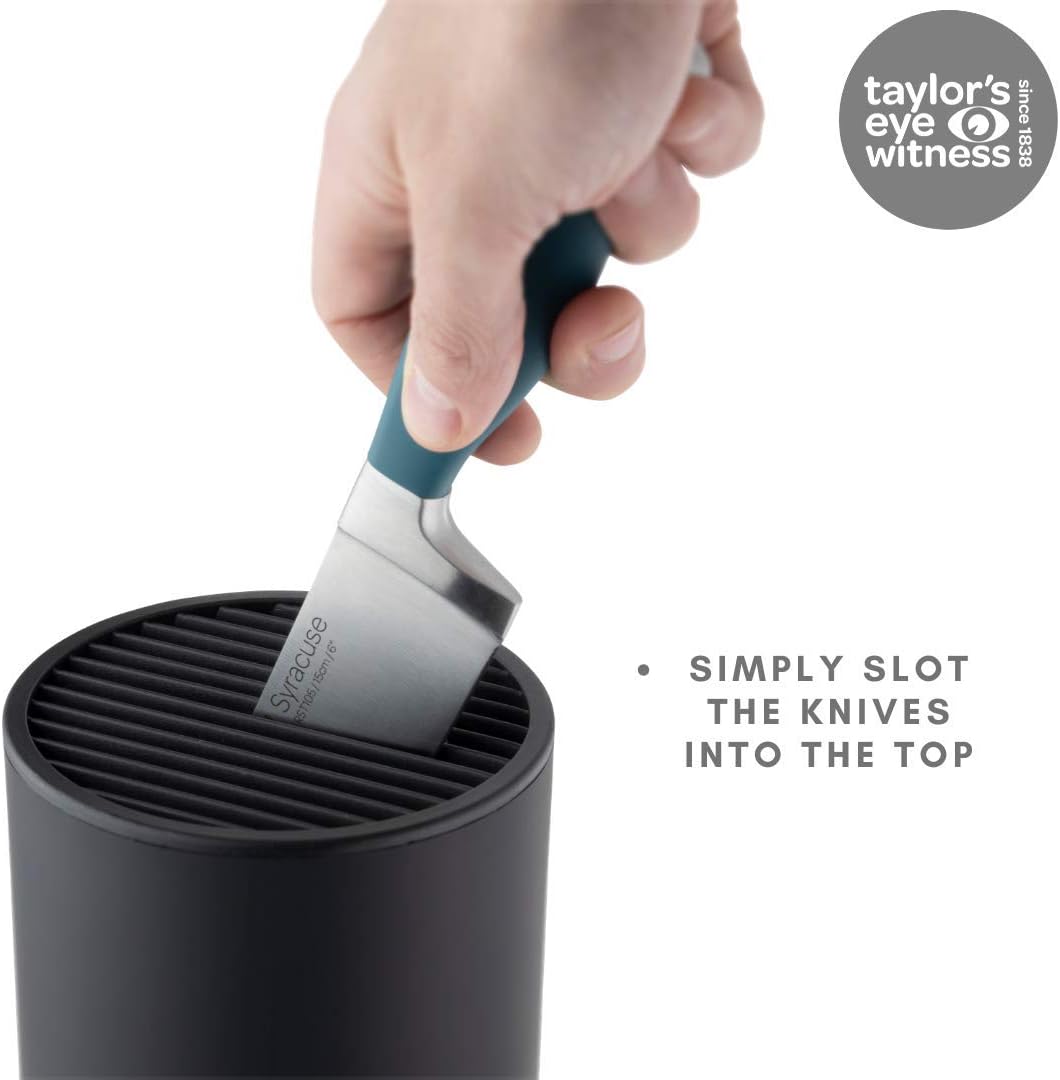 Taylors Eye Witness Empty Knife Block Universal Holder - Stores 8 Kitchen Knives, max 8”/20cm Long. Black Soft Touch Finish. Simple And Elegant Cylindrical Design, For Any Worktop. 10 Yr Guarantee.