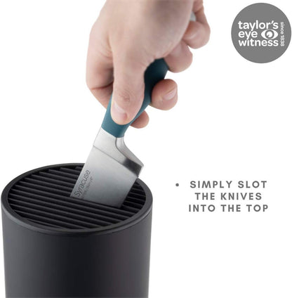 Taylors Eye Witness Empty Knife Block Universal Holder - Stores 8 Kitchen Knives, max 8”/20cm Long. Black Soft Touch Finish. Simple And Elegant Cylindrical Design, For Any Worktop. 10 Yr Guarantee.