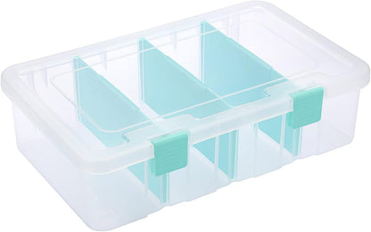 BTSKY Clear Plastic Dividing Storage Box with 4 Compartments Adjustable Storage Bin with Lid Plastic Craft Storage Container Multipurpose Sewing Box Art Supply Organizer, 13.3x8.1x3.4 Inches