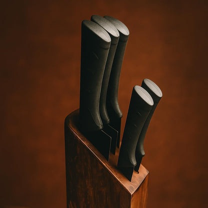 Wood Chop - Universal Solid Wood Knife Block, Premium Hardwood Construction, 5 Slot Kitchen Knife Holder (Dark Brown) 9 inch Height x 3 Inch Width.