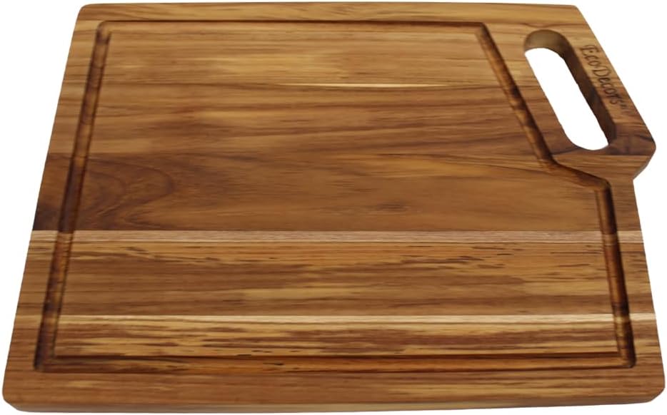 EcoDecors 18"x14" Extra Large Teak Cutting Board, Edge Grain Wood with Juice Groove & Handle, FSC Certified for Kitchen, Carving & Butcher Block Prep