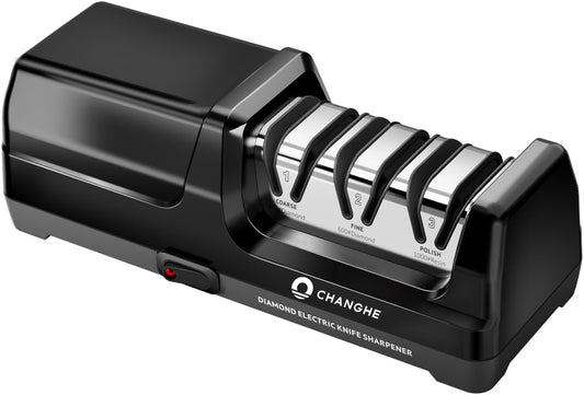 Electric Knife Sharpener 3 Stage - 100% Diamond Abrasives with 15°Precision Angle Guide, for Sharpening and Polishing Steel Kitchen Knives and Ceramic Knives,240 Grit and 600 Grit and 1000 Grit