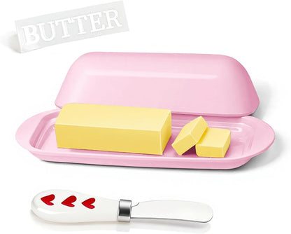 BPA-Free Melamine Butter Dish with Lid & Stainless Steel Knife - Farmhouse Butter Keeper for Countertop & Refrigerator, Dishwasher Safe, Holds 1 Stick with East & West Coast Butter-Cream