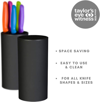 Taylors Eye Witness Empty Knife Block Universal Holder - Stores 8 Kitchen Knives, max 8”/20cm Long. Black Soft Touch Finish. Simple And Elegant Cylindrical Design, For Any Worktop. 10 Yr Guarantee.