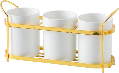 3-Piece White Ceramic Silverware Cutlery Holder with Black Metal Rack, Utensil Holder Flatware Caddy Cutlery Storage Organizer for Kitchen and Countertop (White)