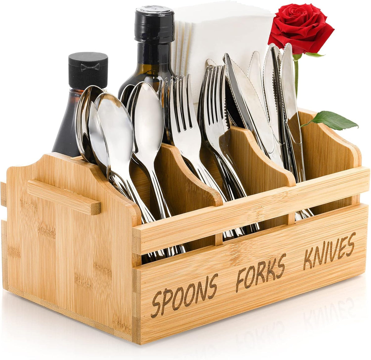 Bamboo Silverware Caddy Organizer - 4 Compartment Wooden Utensil Holder with Handle for Kitchen Countertop, Party, Forks Spoons Knives Napkins Storage