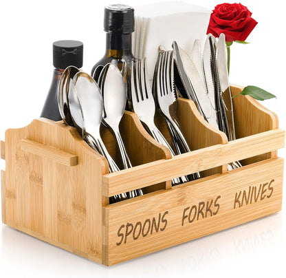 Bamboo Silverware Caddy Organizer - 4 Compartment Wooden Utensil Holder with Handle for Kitchen Countertop, Party, Forks Spoons Knives Napkins Storage