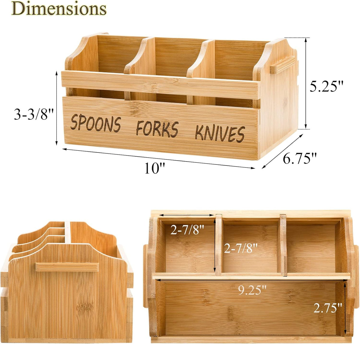 Bamboo Silverware Caddy Organizer - 4 Compartment Wooden Utensil Holder with Handle for Kitchen Countertop, Party, Forks Spoons Knives Napkins Storage