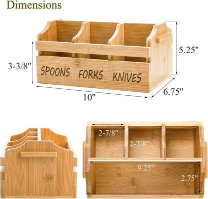Bamboo Silverware Caddy Organizer - 4 Compartment Wooden Utensil Holder with Handle for Kitchen Countertop, Party, Forks Spoons Knives Napkins Storage