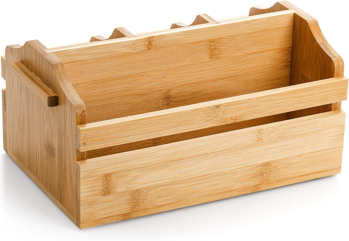 Bamboo Silverware Caddy Organizer - 4 Compartment Wooden Utensil Holder with Handle for Kitchen Countertop, Party, Forks Spoons Knives Napkins Storage