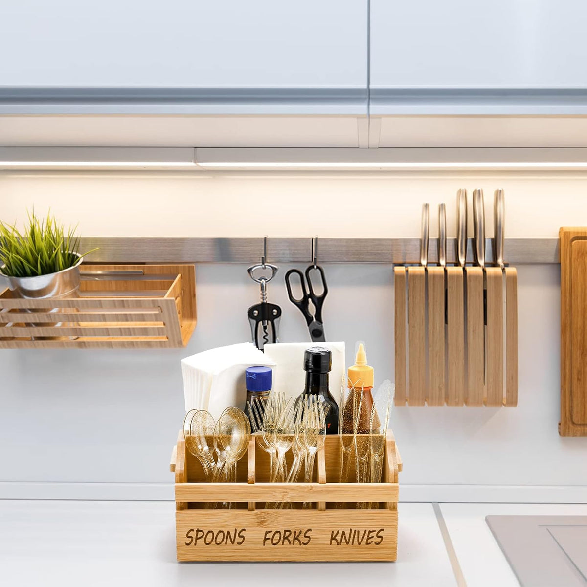 Bamboo Silverware Caddy Organizer - 4 Compartment Wooden Utensil Holder with Handle for Kitchen Countertop, Party, Forks Spoons Knives Napkins Storage