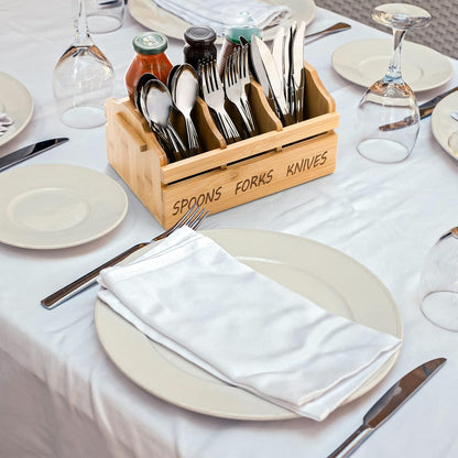 Bamboo Silverware Caddy Organizer - 4 Compartment Wooden Utensil Holder with Handle for Kitchen Countertop, Party, Forks Spoons Knives Napkins Storage