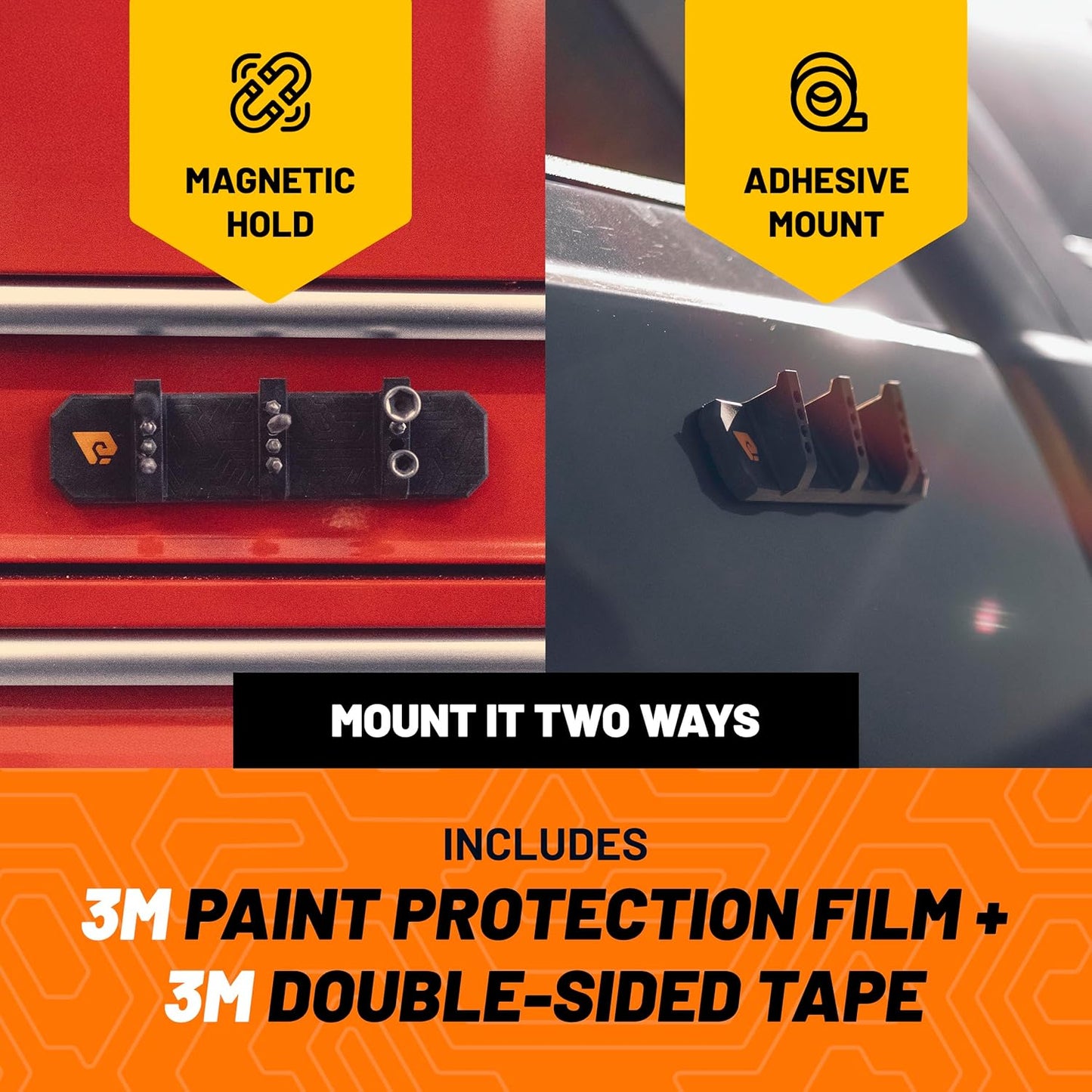 Magnetic Utility Strip, Magnetic Tool Organizer for Vehicle Side and Toolbox, Scratch-Safe Silicone Holder with Hooks and Bit Storage, Includes 3M Paint Protection Film and Adhesive
