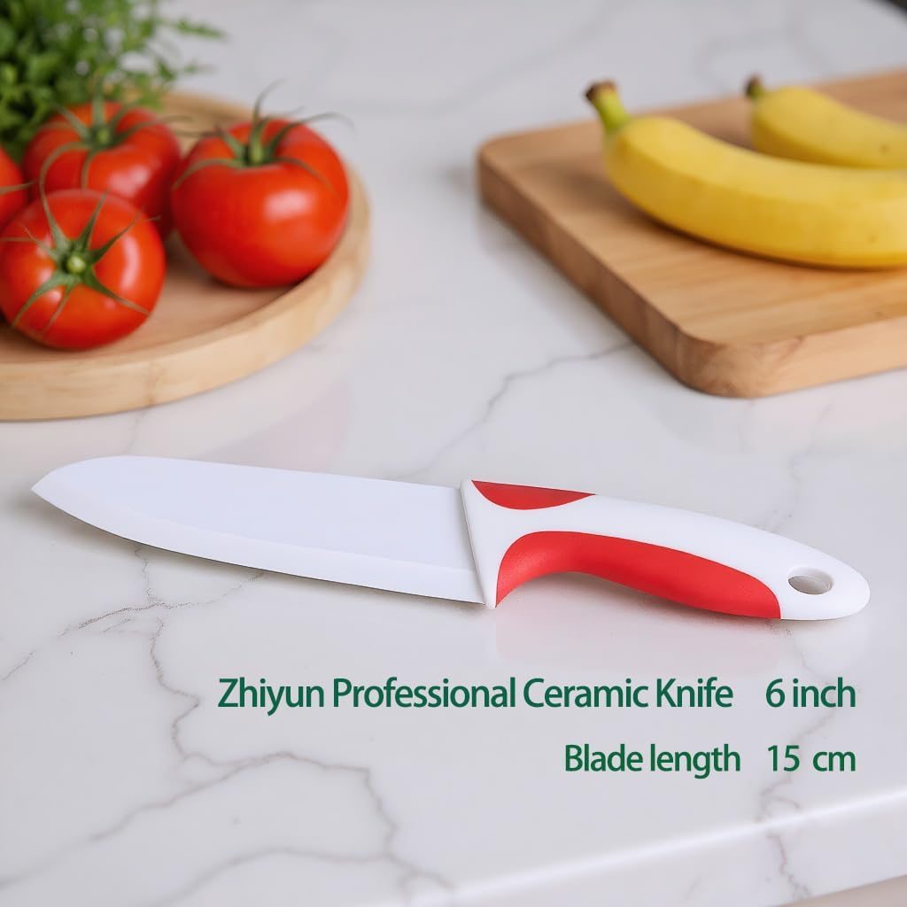 Zhiyun Professional Ceramic Kitchen Knife 6 Inch, Kitchen knife, 6” Chef knife with Sheaths Covers, Sharp Blade and Ergonomic Handle, Suitable for Chopping Meat Vegetables Fruit and bread.(Red)