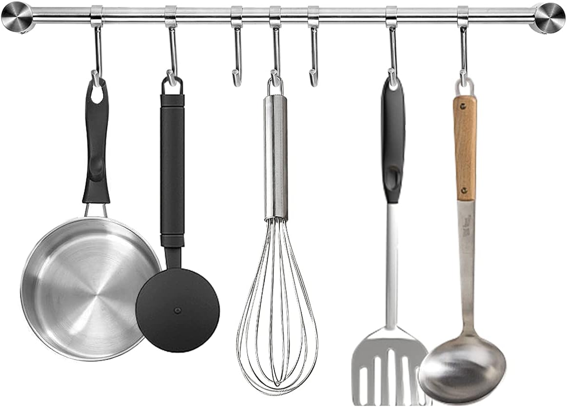 Audmore Kitchen Utensil Rack 2 Pack, 15.6 Inch Pots and Pans Hanging Rack Wall Mounted, 304 Stainless Steel Lid Cooking Utensil Hanger, 7 Sliding Hooks for Spatula Spoon, Measuring Cups, Coffee Mug