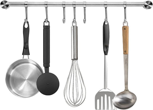 Audmore Kitchen Utensil Rack 2 Pack, 15.6 Inch Pots and Pans Hanging Rack Wall Mounted, 304 Stainless Steel Lid Cooking Utensil Hanger, 7 Sliding Hooks for Spatula Spoon, Measuring Cups, Coffee Mug