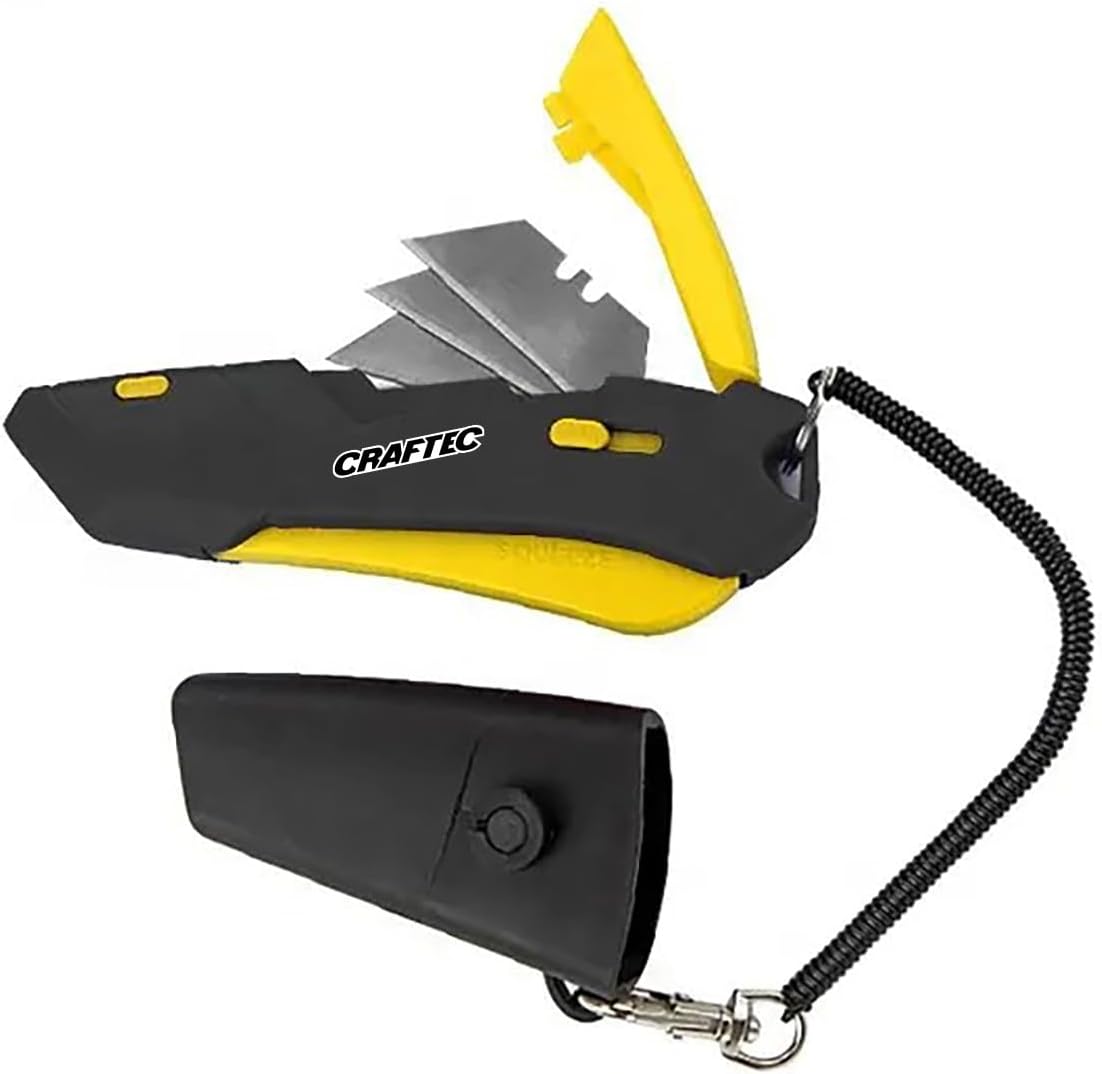 Craftec Retractable Utility Knife Box Cutter with Holster & Lanyard - The Ultimate Tool for Precise Cuts, 3 Blade Settings, Ergonomic Design, Left & Right Hand Friendly, Quick Blade Change CT5 (Blue)