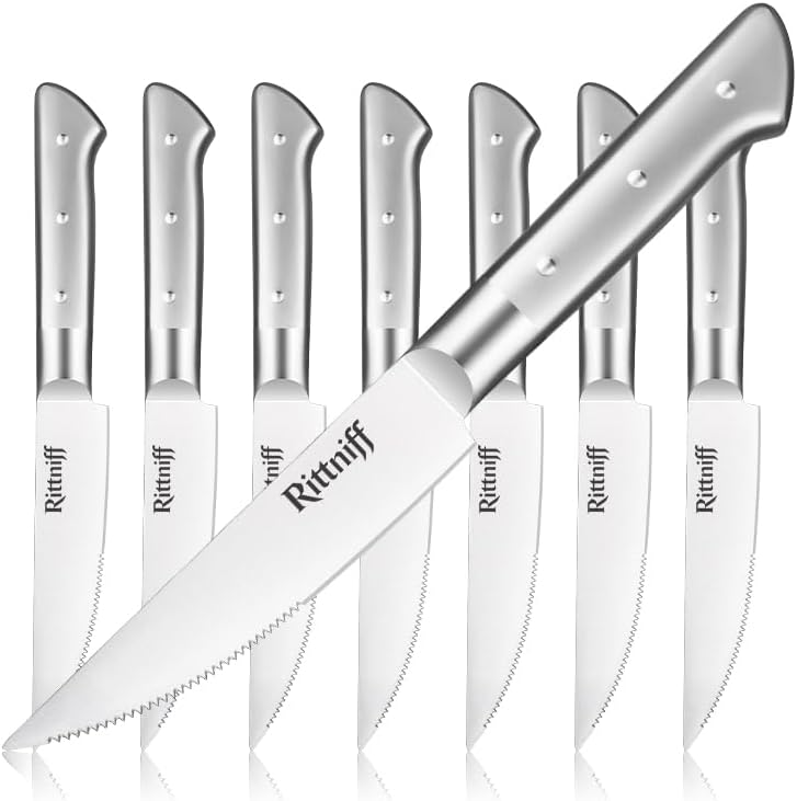 Steak Knives Set of 4, 5-Inch Serrated Stainless Steel Steak Knife Set with Wide Stainless Handle, Gift-Ready Box for Steak Night, BBQ, Housewarming & Wedding