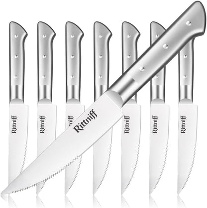 Steak Knives Set of 4, 5-Inch Serrated Stainless Steel Steak Knife Set with Wide Stainless Handle, Gift-Ready Box for Steak Night, BBQ, Housewarming & Wedding