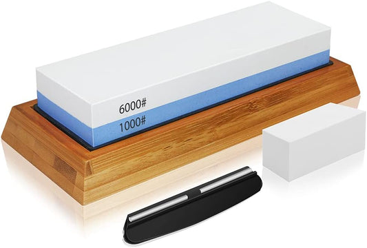 MASSUGAR Whetstone Knife Sharpening Stone Set, 2-Sided Premium Wet Stone Sharpener 1000/6000 Grit Wetstone Kit for Kitchen knives with Non-Slip Bamboo and Silicon Base Angle Guide, Flattening Stone