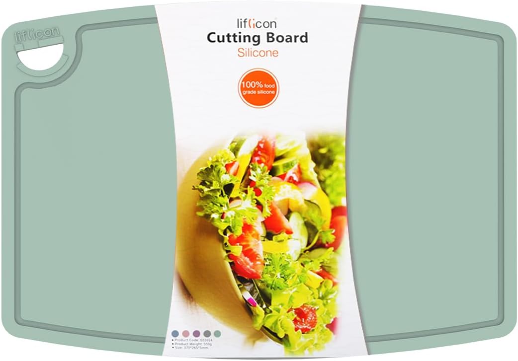 Liflicon Silicone Thick Cutting Boards Mats Set of 3 Foldable & Flexible Design Juice Grooves Easy Grip Handle Dishwasher Safe for Kitchen,BPA free Silicone Cutting Board-Light Green
