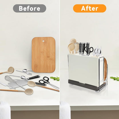 Knife Holder, Knife Block Multifunctional Large Capacity with Cutting Board Organizer, Kitchen Knife Block Utensil Stand Storage for Countertop Kitchen (White)