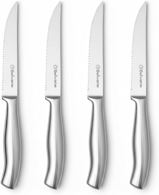 Steak Knives Set of 4, Rust Free Stainless Steel Steak Knife Set with Sharp Serrated Edge and Non Slip Handle