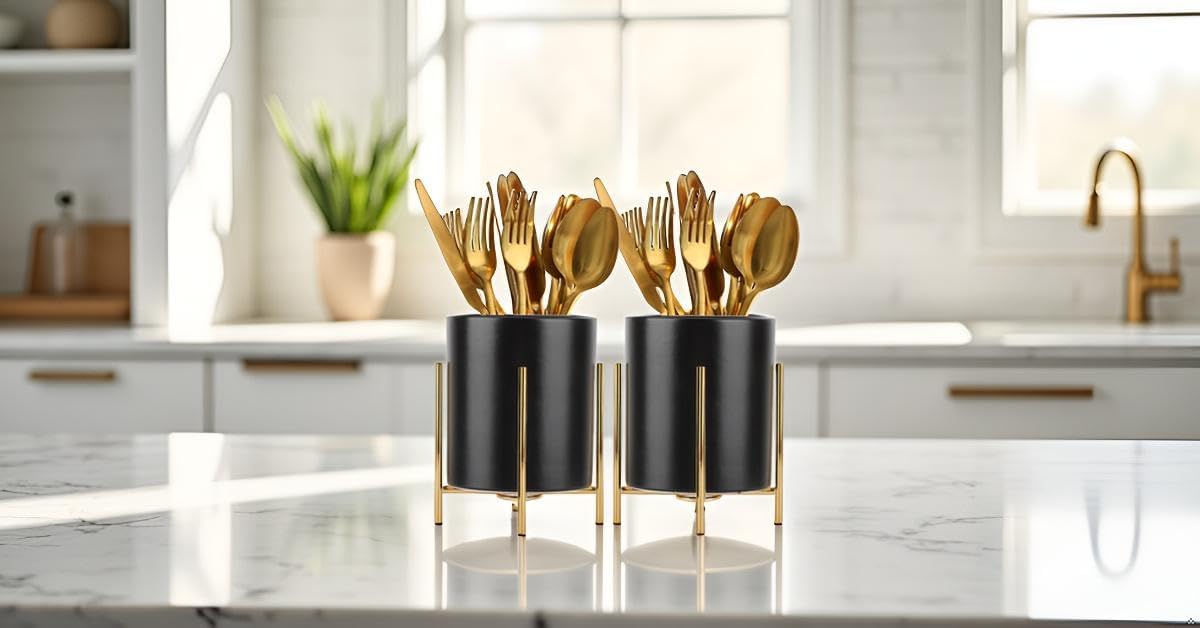 Utensil Organizer for kitchen, Knives and Forks with Shiny metal frame Tray for Farmhouse Kitchen Decor and Countertop(6.3 * 4.33inch)
