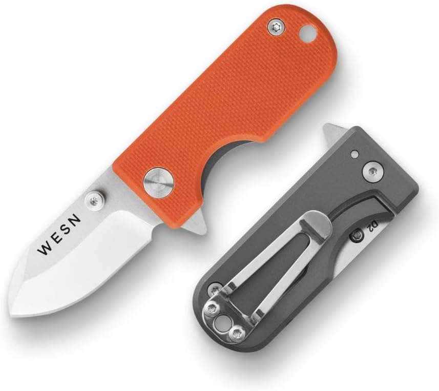 WESN Microblade Premium Folding Pocket Knife - 1.5" D2 Steel Blade, Compact Titanium EDC Knife with G10 Handle, Manual Thumb Stud, Deep Carry Clip - Lightweight Everyday Carry (Salmon)