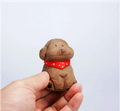 Hand-Carved Wooden Teddy Dog Figurine, 2.7" Brown Puppy Statue with Base for Car Dashboard, Desk & Home Decor, Gift for Dog Lovers