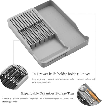 Knife Holder, in Drawer Knife Block Holder with Expandable Cutlery Tray Kitchen Drawer Organizer Insert-Holds 11 Knive