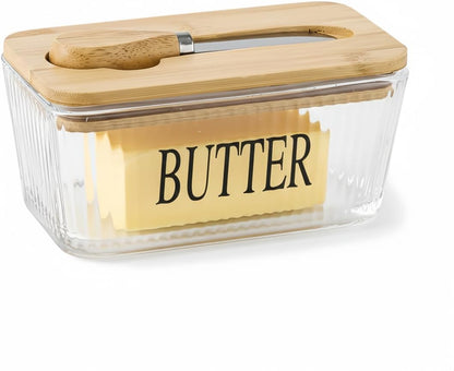 Glass Butter Dish with Bamboo Lid and Knife, 500 mL Airtight Cheese Storage Container for Countertop Butter Keeper for Fridge (Smooth, 16 fl oz)