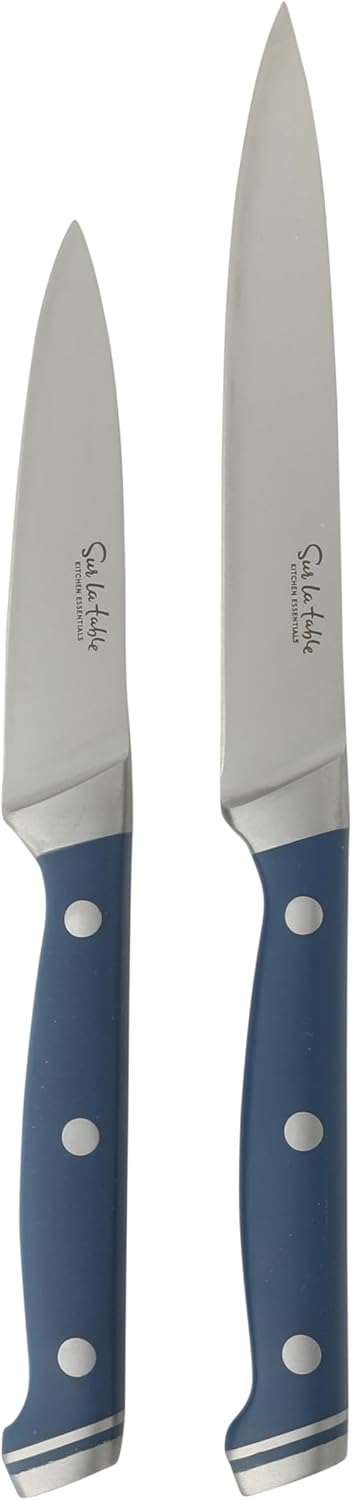 Sur La Table Kitchen Essentials Knife Set with Block, 14-Piece Forged German Steel Kitchen Knives, Beech Wood Block, Chef, Santoku, Bread & Steak Knives, Shears & Sharpener – Linen White