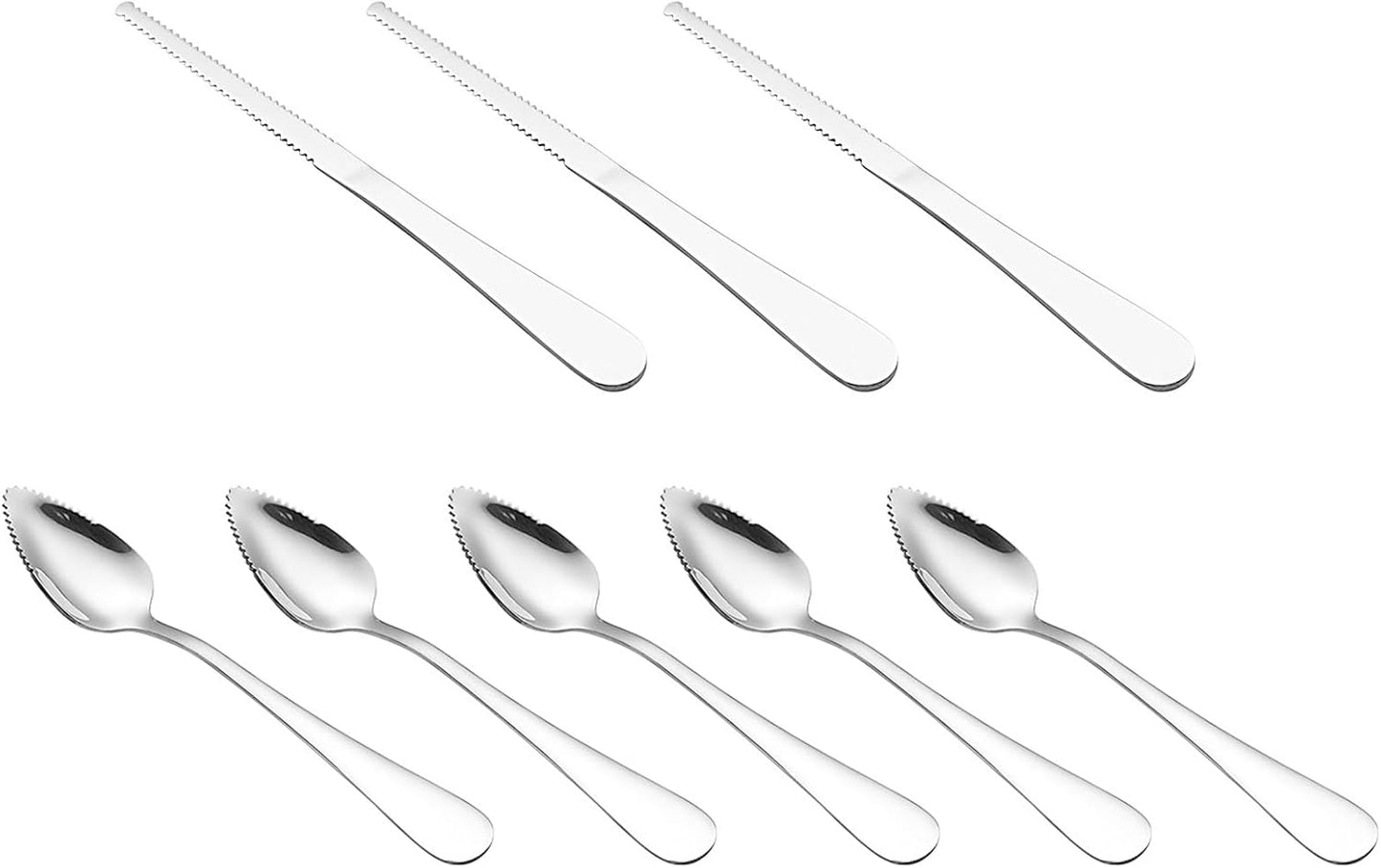 5Pcs Grapefruit Spoons and 3 Pcs Knives Set, Stainless Steel Grapefruit Utensils with Serrated Edge for Easy Cutting & Scooping, Rust-Proof Kitchen Tool for Avocado, Oranges and Melons