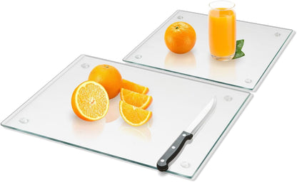 Mymonfif Tempered Glass Cutting Board for Kitchen, Clear Glass Board for Countertop, Heat Resistant, with Non-Slip Feet, 12x16" & 12x8" 2 Pcs Clear