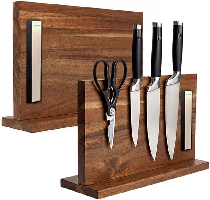 Magnetic Knife Block with Sharpening Stone, Double-Sided Acacia Wood Knife Holder, Detachable Whetstone, Kitchen Storage Rack
